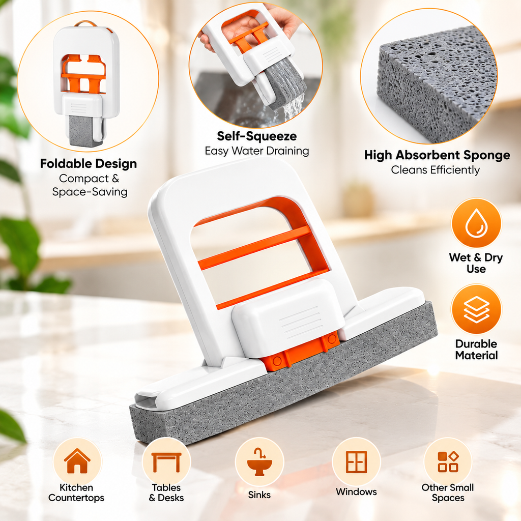 Mini Foldable Sponge Mop, Self-Squeeze Desktop Mop for Small Spaces, Wet & Dry Portable Cleaning Tool for Kitchen Countertops