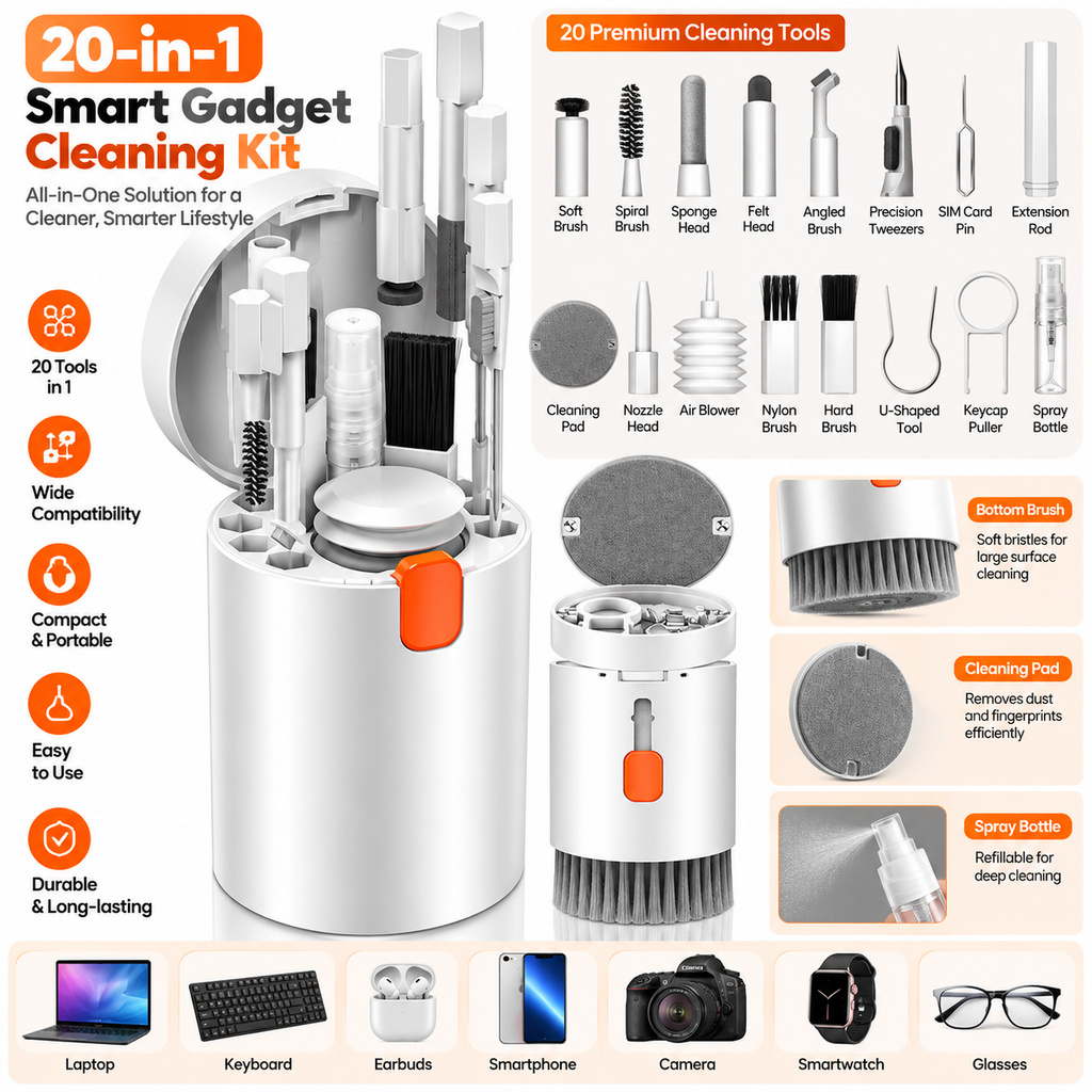 20-in-1 Smart Gadget Cleaning Kit – Multi-Tool Cleaning Set for Keyboard, Laptop, Earbuds, Phone & Camera
